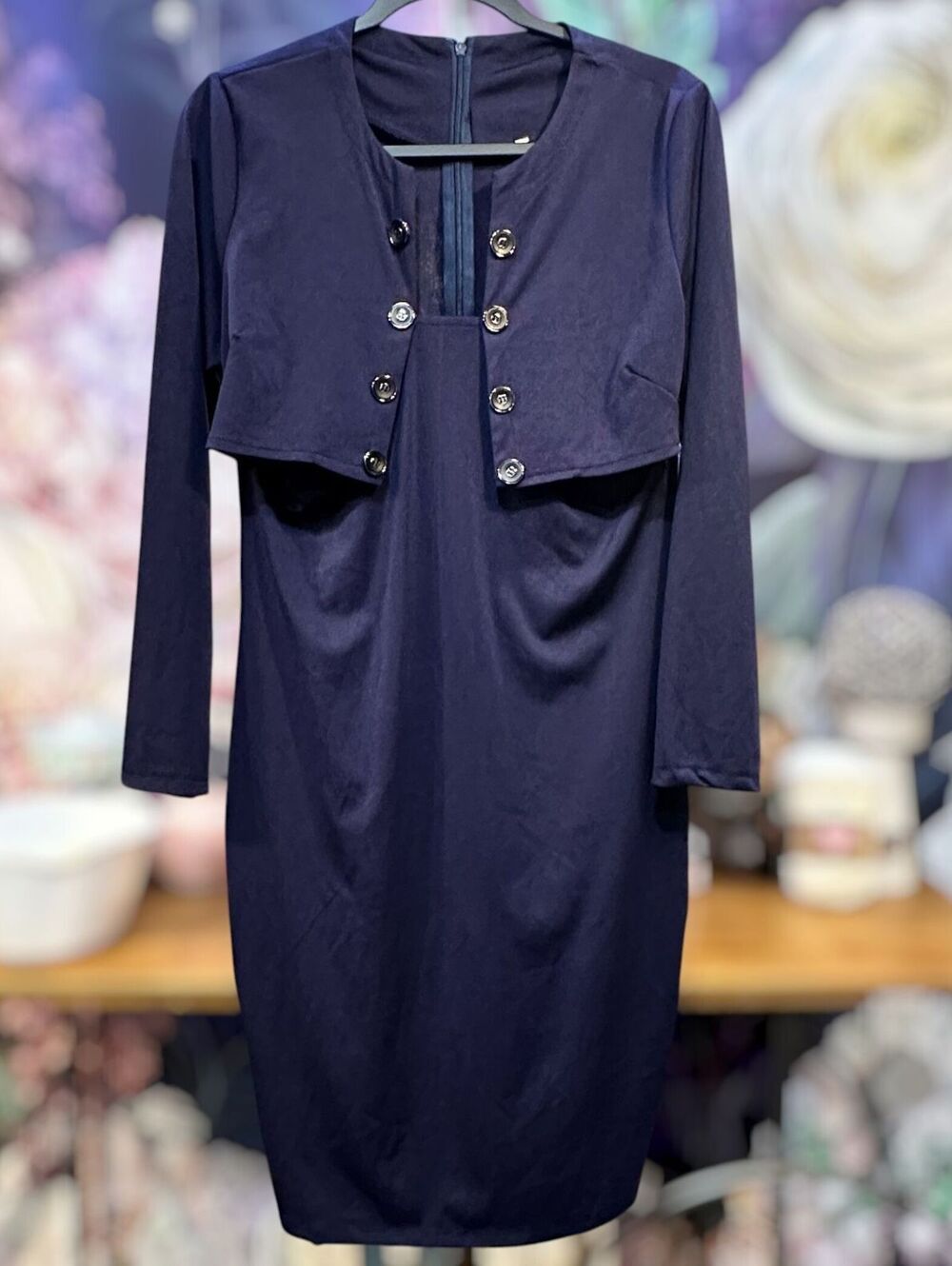 Navy Blue XXL Junior Dress Cropped Button Front Overlay Long Sleeve Minimalist